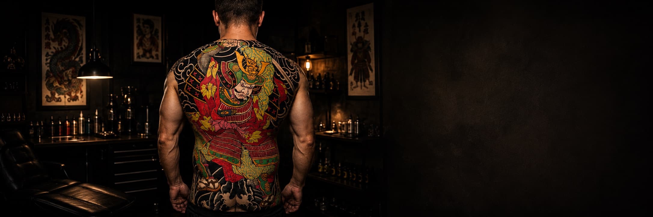 Japanese colour full-back samurai tattoo with saturated reds and greens in a Bloodline Tattoo Bangkok studio hero image