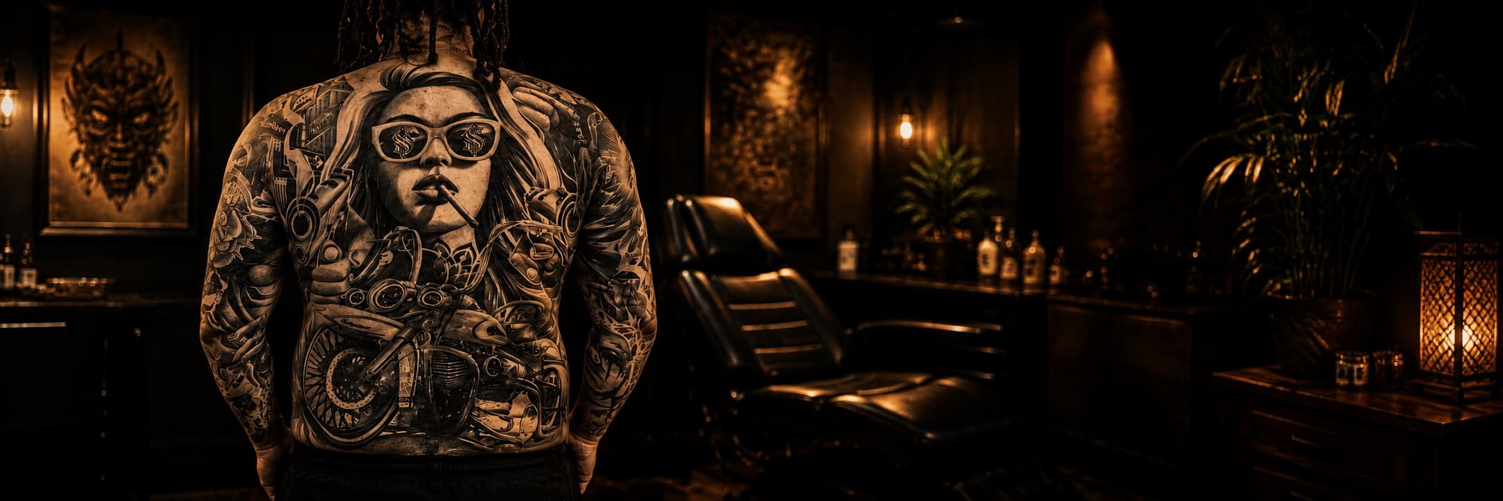 Healed black and grey full-back tattoo with woman portrait and motorcycle at Bloodline Tattoo Bali